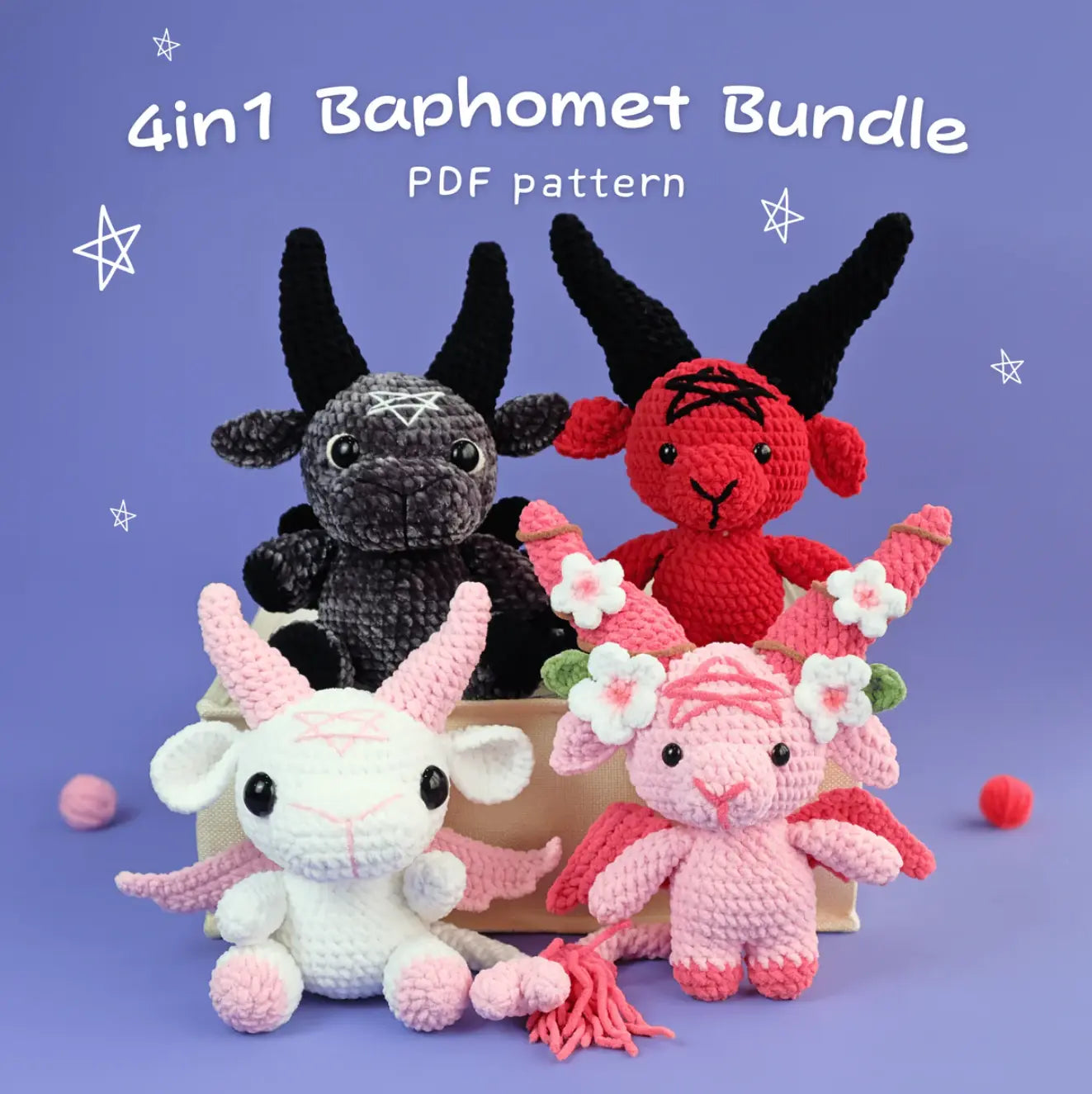 4-in-1 Grim Grinning Baphomet – Amigurumi Crochet Goat Plush Pattern | Devil-Inspired Toy Design Baphomet Bundle Crochet Pattern